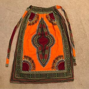 African Tribal Maxi Skirt Pull On Pockets Elastic Waist Orange Burgundy Yellow